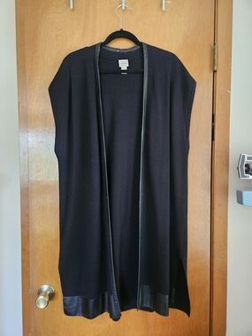 Chico's Black Sleeveless Long Cardigan with Faux Leather Trim